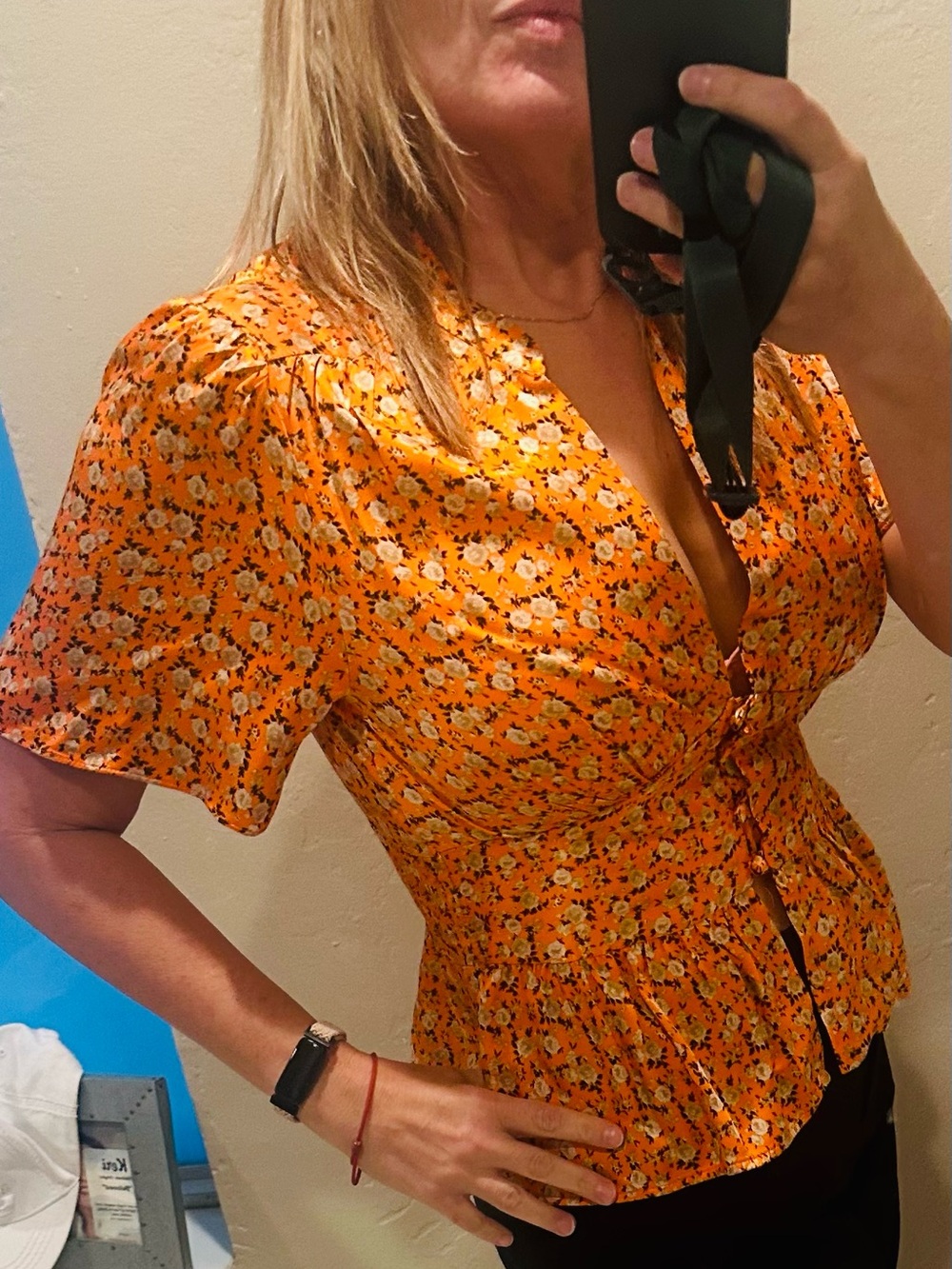 Topshop Orange Short Sleeve Blouse with Smocked Peplum Size Medium /6